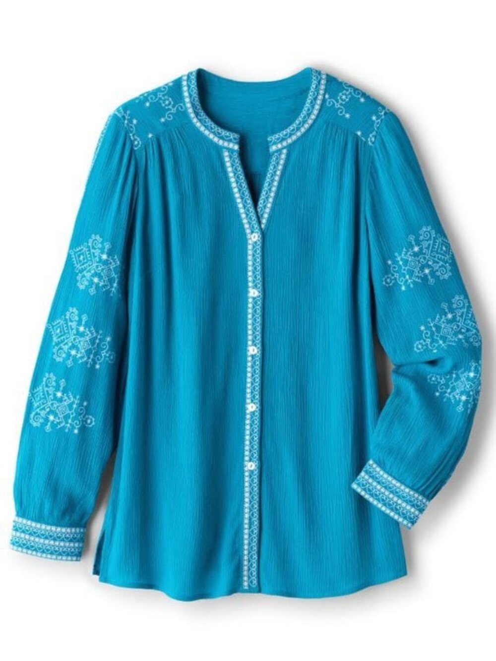 Soft Surroundings Imane Gauze Tunic Embroidered Crinkled Blue size 1X Resortwear - Picture 6 of 16